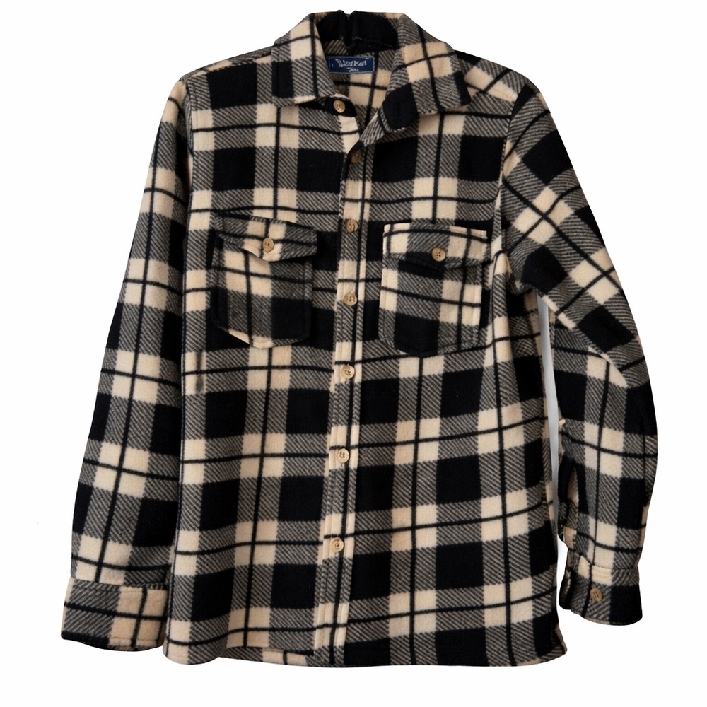 plaid fleece button down shirt black cream size M prairie